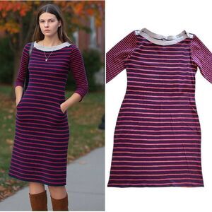 Tommy Hilfiger Blue Striped Elbow Sleeves Stretch Knit Midi Dress Medium